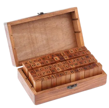 Vintage Letter Stamps with Lockable Wooden Box