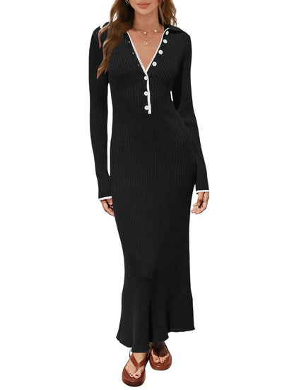 Women's Polo Collar Knitted Long Sleeve Dress