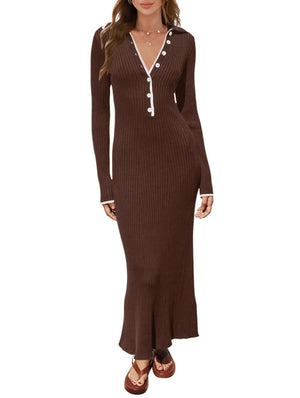 Women's Polo Collar Knitted Long Sleeve Dress