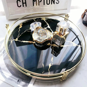 Elegant Marble Pattern Glass Makeup Organizer Tray